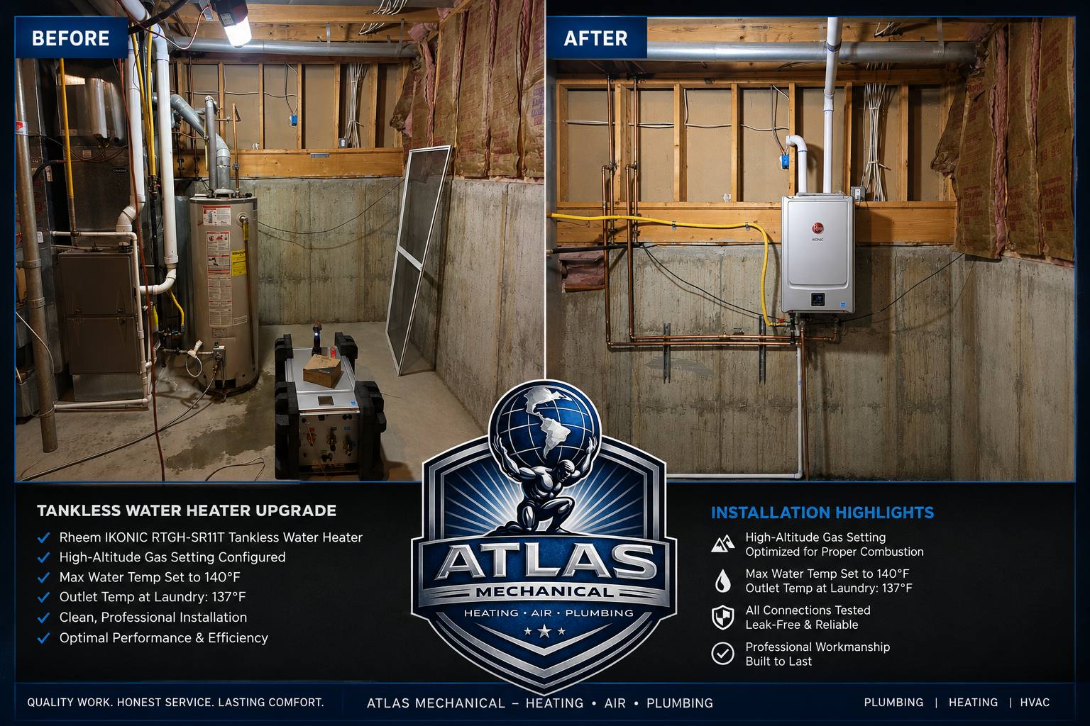 Water heater replacement: before and after Rheem tankless water heater upgrade by Atlas Mechanical